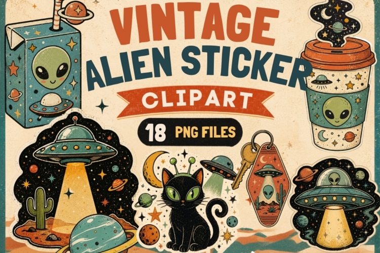 Vintage Alien Sticker Clipart | 18 PNG Files | Retro UFO