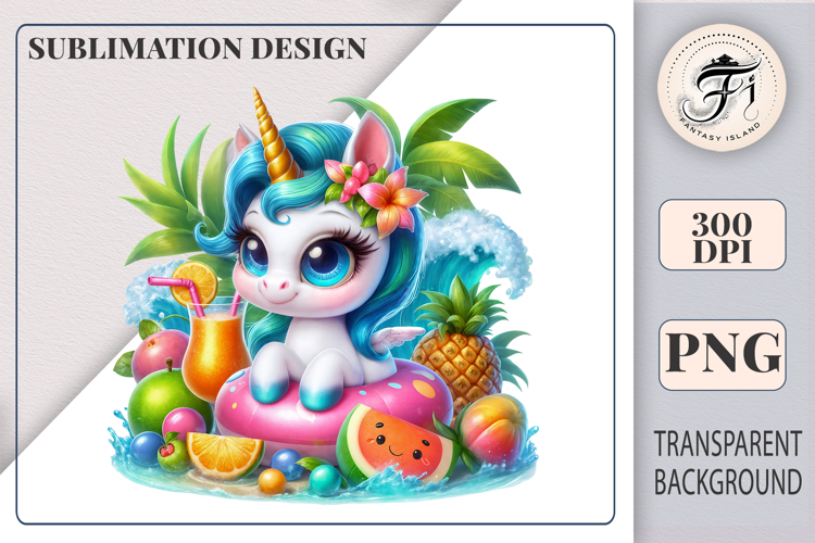Cute Unicorn with Wings Beach Party Sublimation Clipart PNG