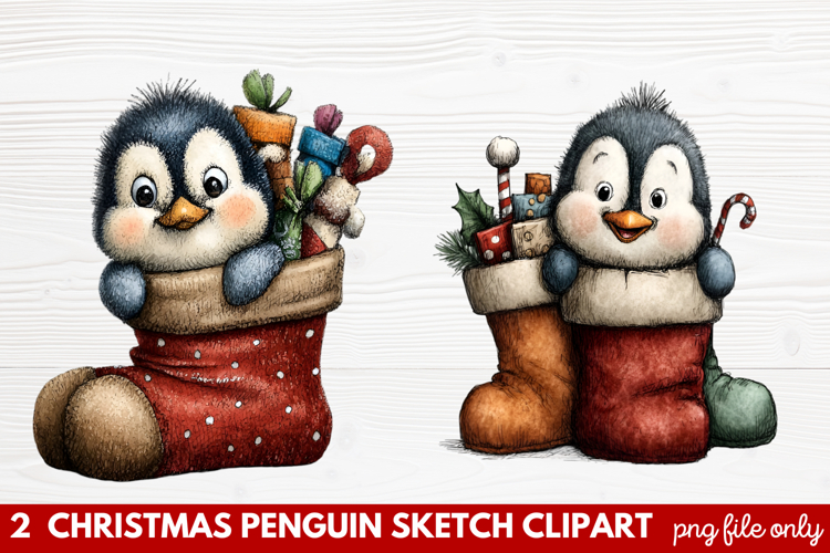 Christmas Penguin Sketch Clipart | Hand-Drawn Holiday
