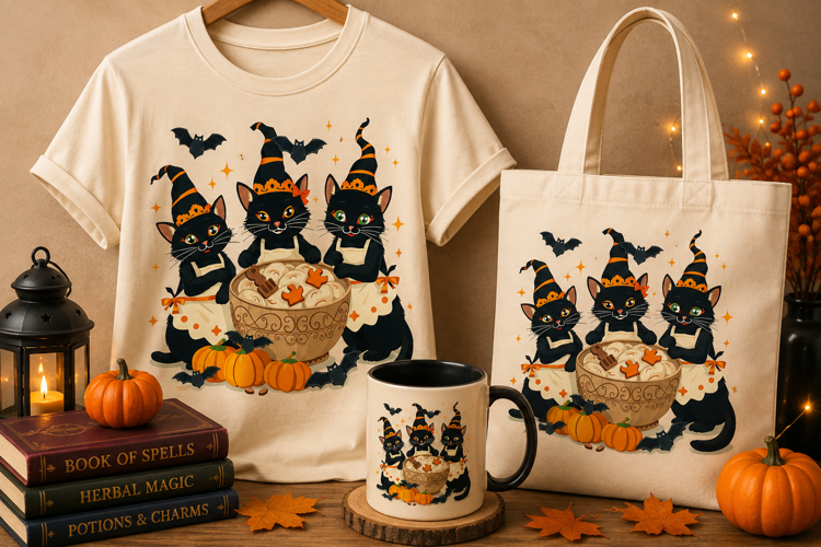 Halloween Black Cats PNG | Witch Cats Baking Pumpkin Treats
