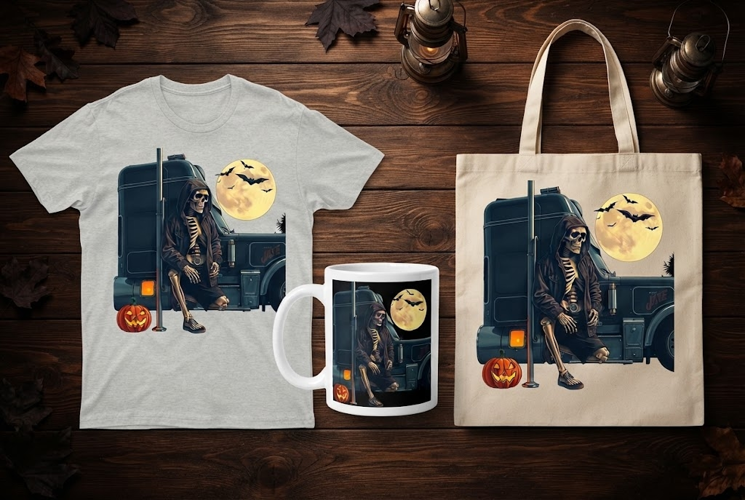Skeleton Trucker Halloween Design with Full Moon and Bats