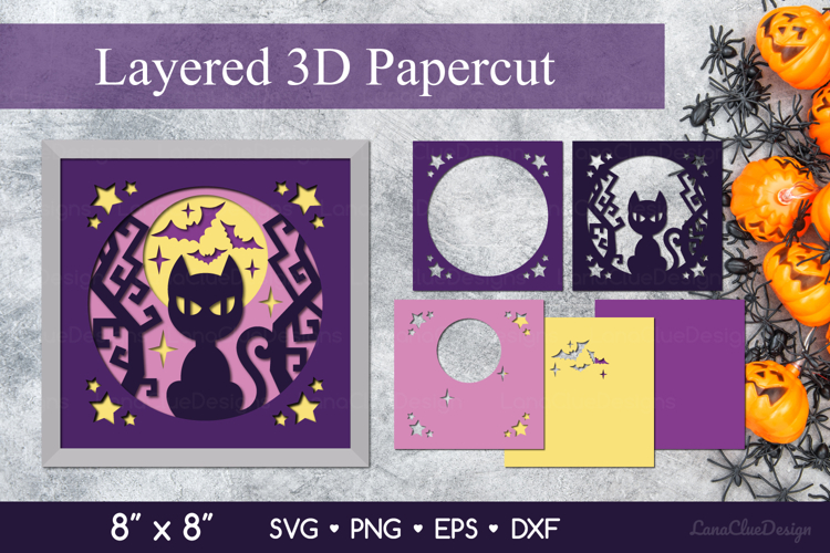 3D Halloween Cat Shadow Box SVG, Halloween Paper Cut