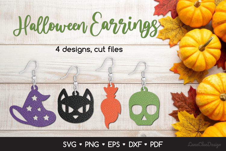 Halloween Earrings SVG - Witch Hat, Cat Face, Broom, Skull