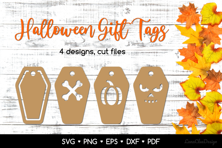 4 Halloween Gift Tags with Coffin Shape SVG, Halloween Tag