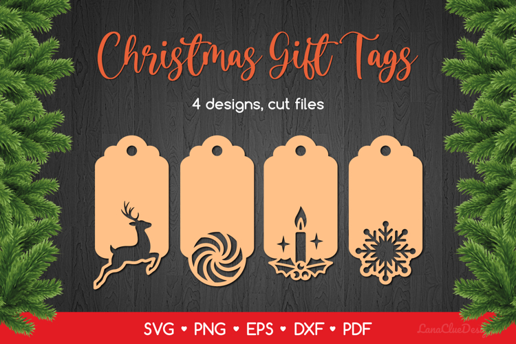 4 Christmas Decorative Gift Tags SVG, Xmas Laser Cut Files