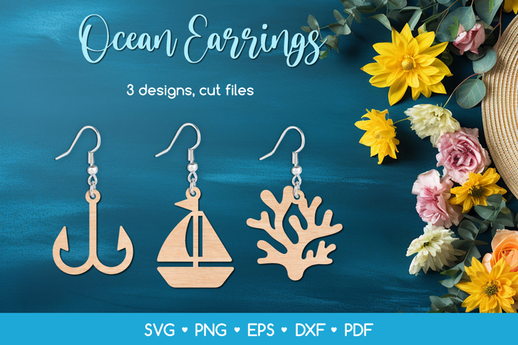 3 Sea Earrings SVG Laser Cut Files, Ocean Jewelry Template