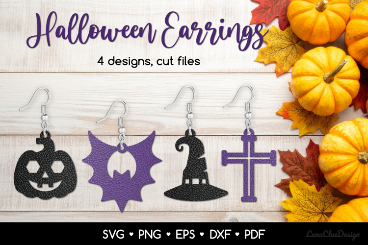 Halloween Earrings SVG - Pumpkin, Bat, Witch Hat and Cross