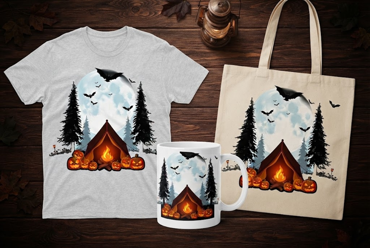 Spooky Halloween Camping Tent Design with Fire and Bats