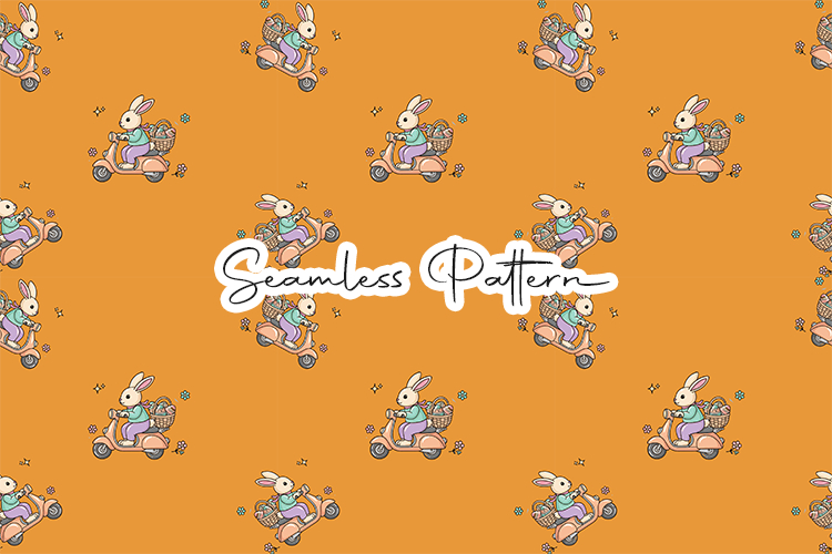 Cute Bunny Riding Scooter Seamless Pattern