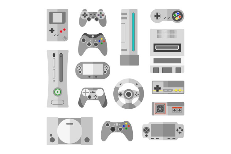 Computer console with game controllers for video games. Vect example image 1