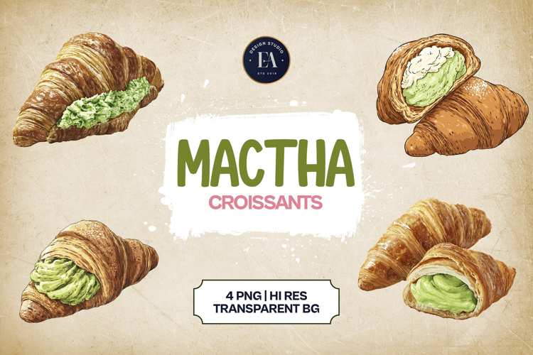 Matcha Croissants Clipart Bundle 4 PNG