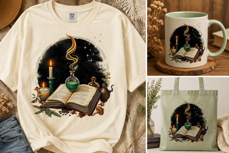 Witchy Potion Book PNG | Magic Cauldron, Candles & Mushrooms