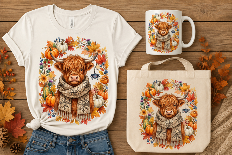 Spiderweb Scarf Highland Cow Autumn Pumpkin Wreath Art