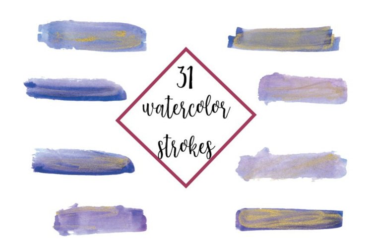 Watercolor Paint Strokes Purple Violet with Gold, 31 Waterco example image 1