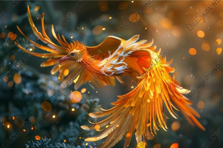 Majestic phoenix in flight amidst twinkling lights