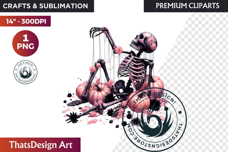 Pink & Black Gothic Halloween Skeleton Clipart PNG, Skull