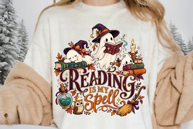Cozy Witchy Reading Spells Halloween Sublimation Design, Cut example image 1