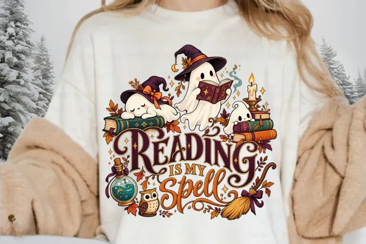 Cozy Witchy Reading Spells Halloween Sublimation Design, Cut
