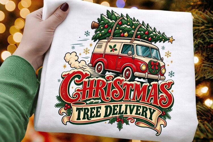 Christmas Tree Delivery Vintage Camper Van PNG - Retro example image 1