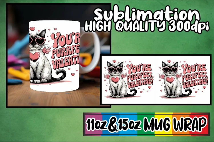 Radiant thoughts 11oz 15oz sublimation wrap, Valentines Cat