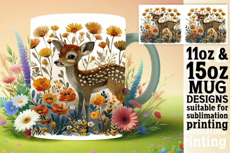 Sublimation Watercolor Deer Mug Wrap Spring