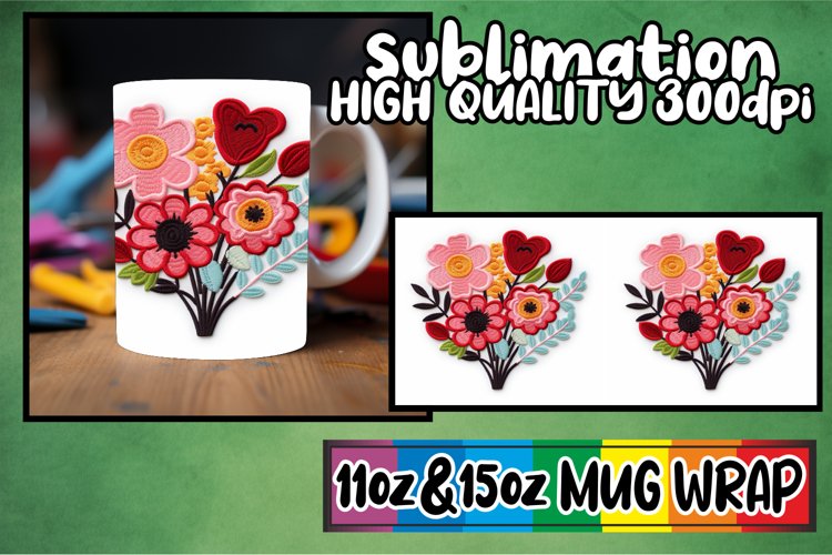 3D Stitched Hearts Mug Wrap for 11oz/15oz