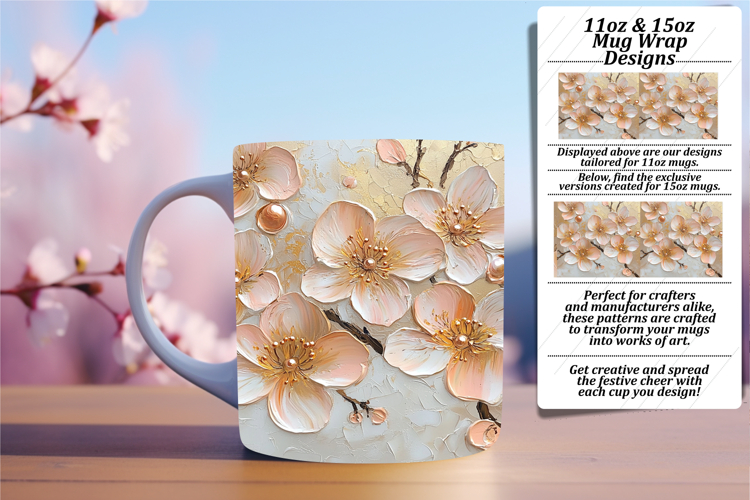 Chic 15oz Mug Wrap Png Design , 3D Flower