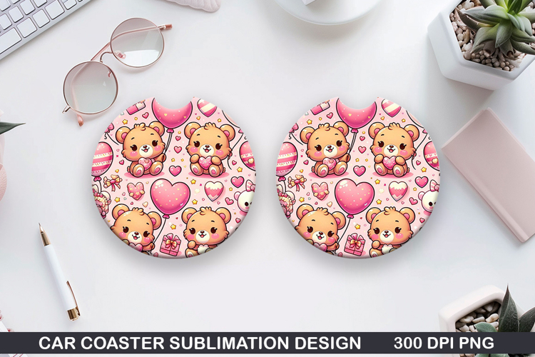 Kawaii Bear Car Coaster Sublimation |Valentine Coaster PNG