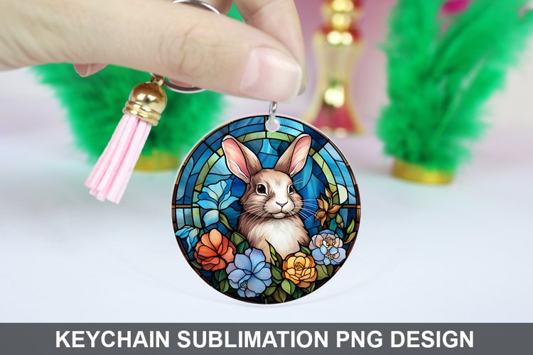 Bunny Round Keychain, Bunny Flowers Keychain Design
