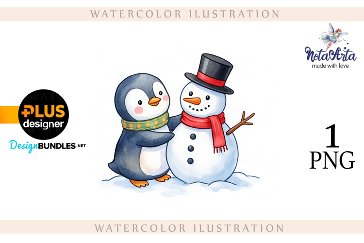 Christmas Penguins in Watercolor Style