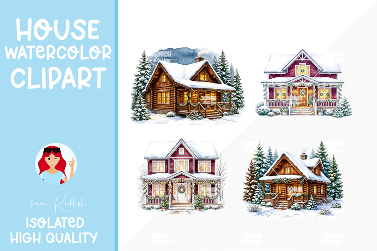 4 Cozy Watercolor House Clipart