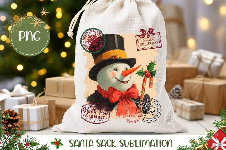 Vintage Christmas Snowman Santa Sack, Winter Gift Bag
