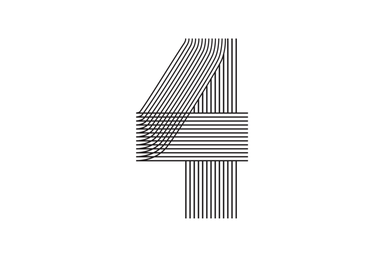 Number four 4 striped Line Art in black thin lines isolated