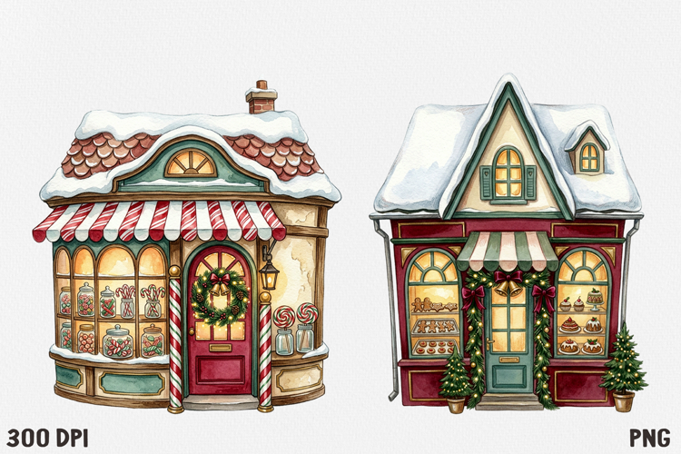 Christmas Village Watercolor Clipart PNG, Whimsical Holiday