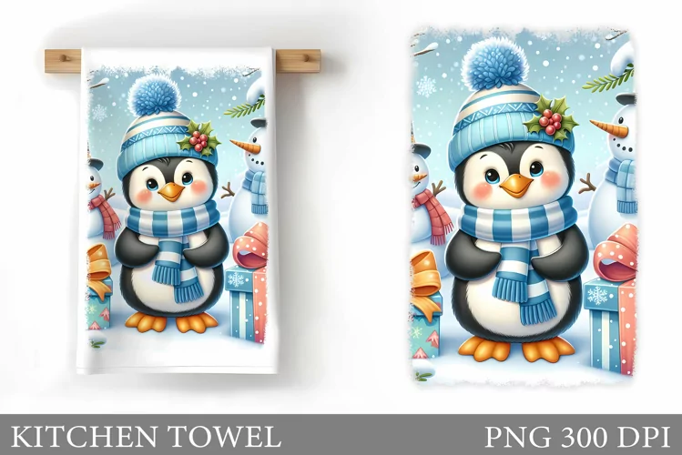 Cute Penguin Kitchen Towel. Christmas Kitchen Towel Design