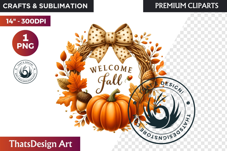 Cozy Autumn Wreath - Boho Farmhouse Fall Clipart PNG