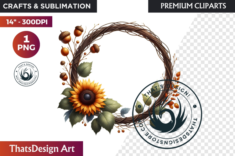 Sunflower Autumn Wreath - Rustic Farmhouse Harvest PNG