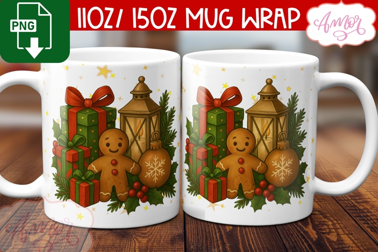 Cute Christmas mug wrap PNG, Gingerbread man mug template