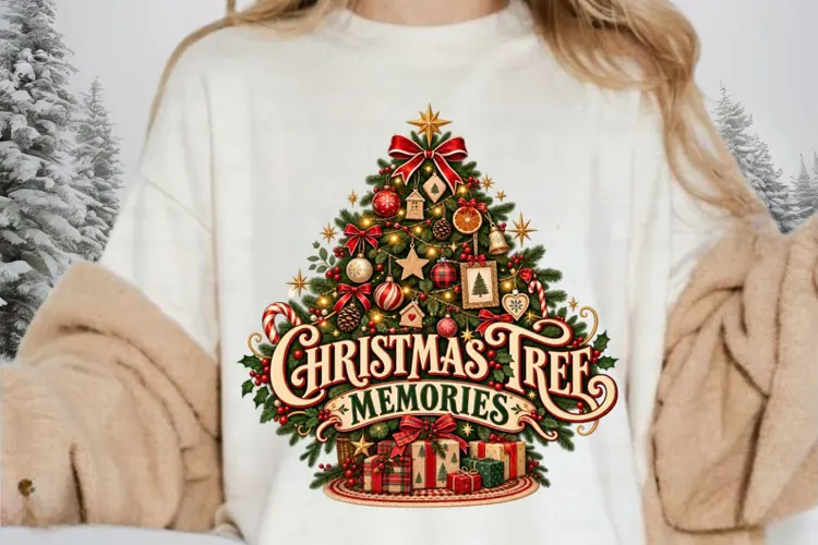 Christmas Tree Memories PNG, Vintage Holiday Tree & Gift