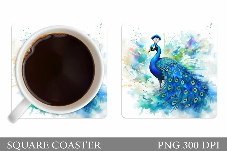 Peacock Square Coaster. Peacock Watercolor Coaster Design