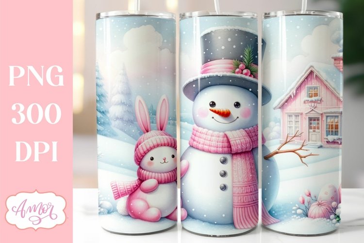 Christmas snowman and bunny tumbler PNG | Pink christmas PNG