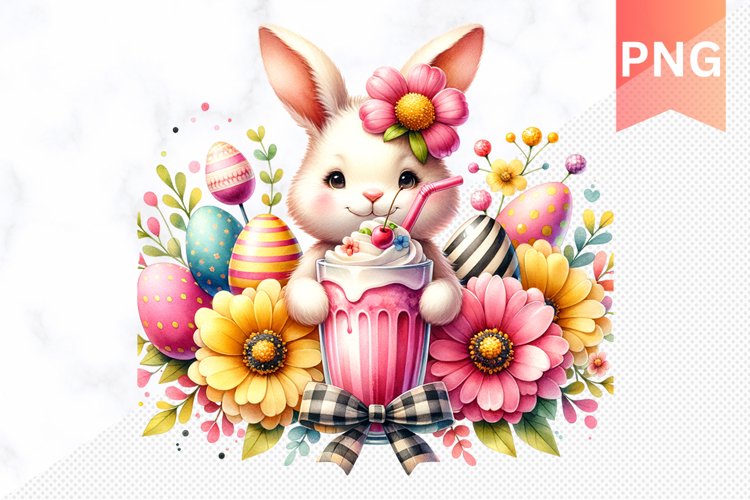 Easter Bunny And Milkshake Flowers Sublimation - Clipart PNG
