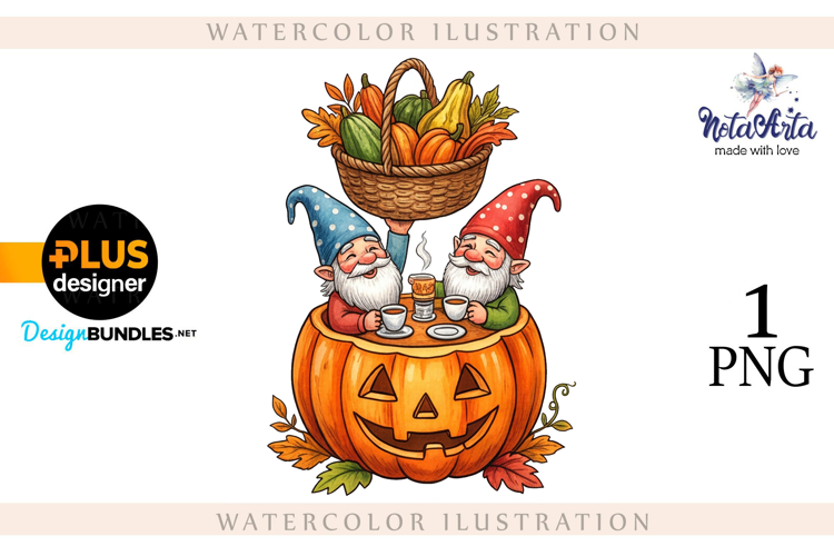 Gnomes with Pumpkin Harvest in Watercolor Style