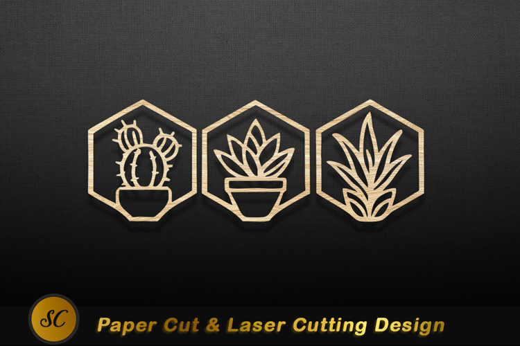Hexagonal potted plants wood art image Laser cut