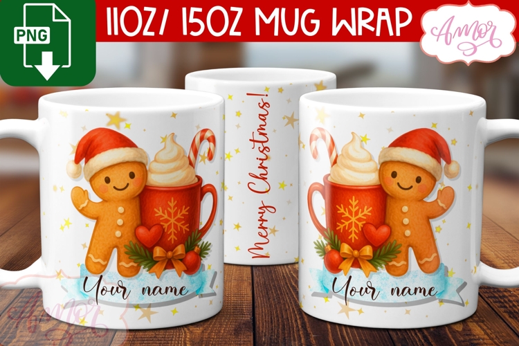 Cute Christmas mug wrap PNG, Gingerbread cookie mug template