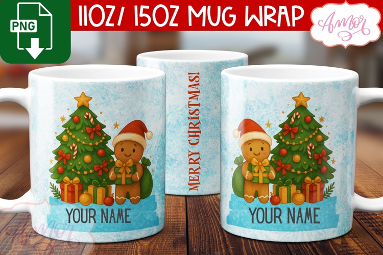 Custom Christmas mug wrap PNG, Gingerbread man mug PNG