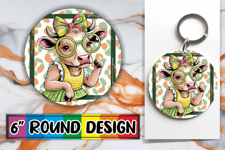 Playful Circle Car Coaster Sublimation, Cute Cow
