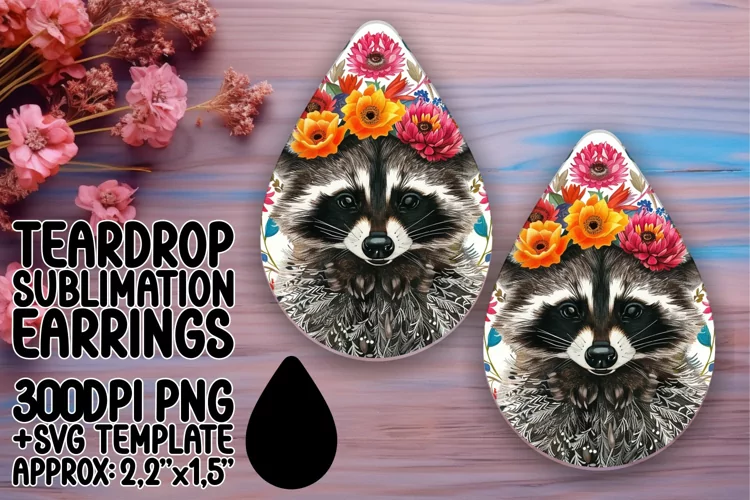 Lively Raccoon with Flowers Teardrop Earrings