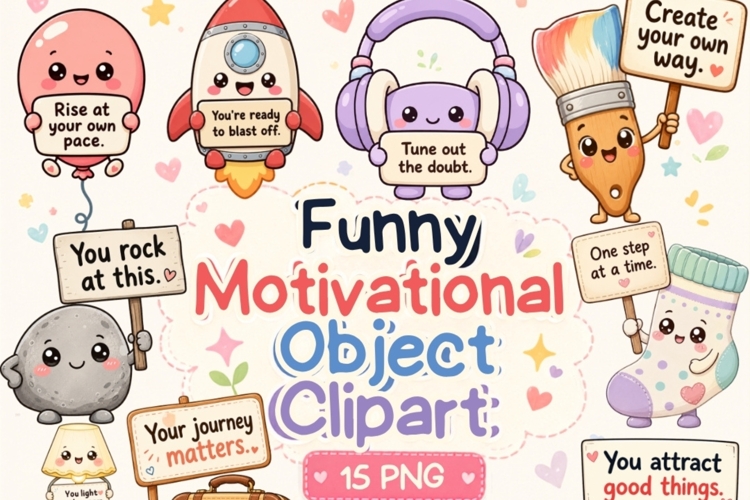 Funny Motivational Object Clipart Bundle, Cute Kawaii example image 1