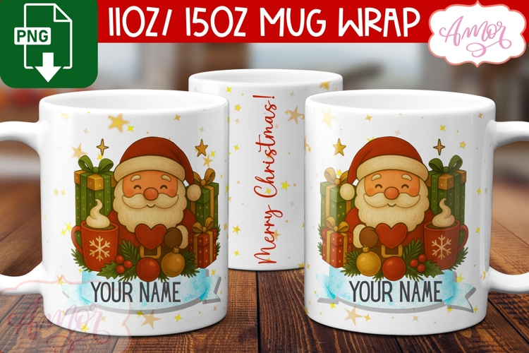 Christmas mug wrap PNG, Cute Santa mug PNG